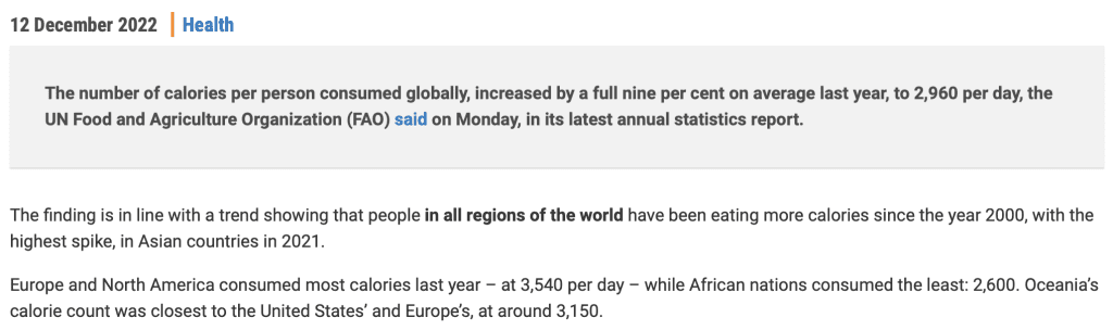 Excerpt from the UN article which claims that Americans are eating ~3500 kcal per day, which is misinformation.